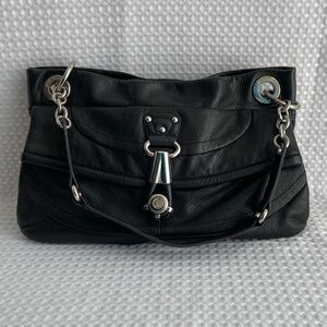 B. MAKOWSKI Black Leather Shoulder Bag Signature Leopard Lining Silver Hardware